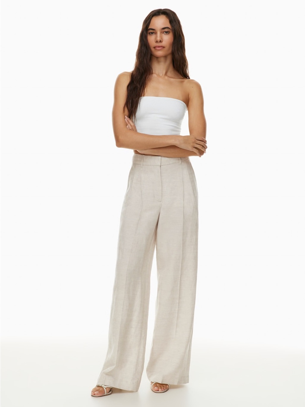 Aritzia Wide Leg Cropped Linen Pants in Light Beige